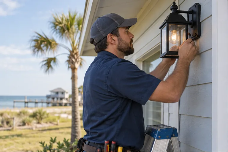 Imagen ilustrativa de un electricista instalando una lámpara exterior