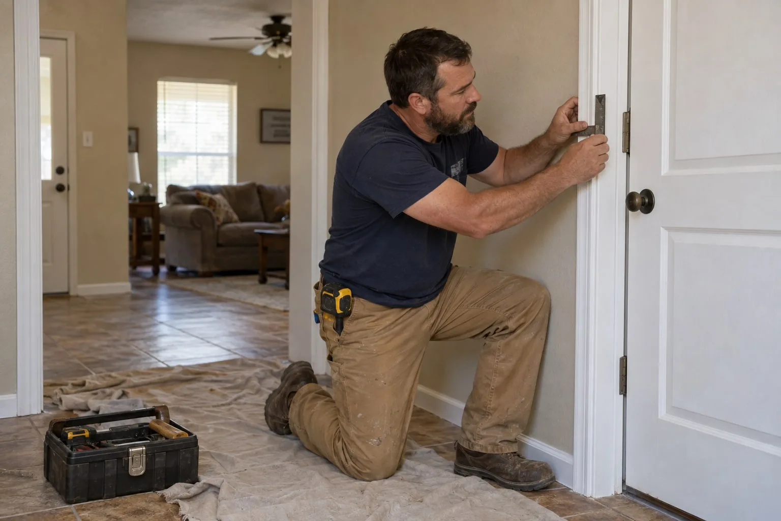 Imagen ilustrativa de un carpintero revisando la moldura de una puerta interior