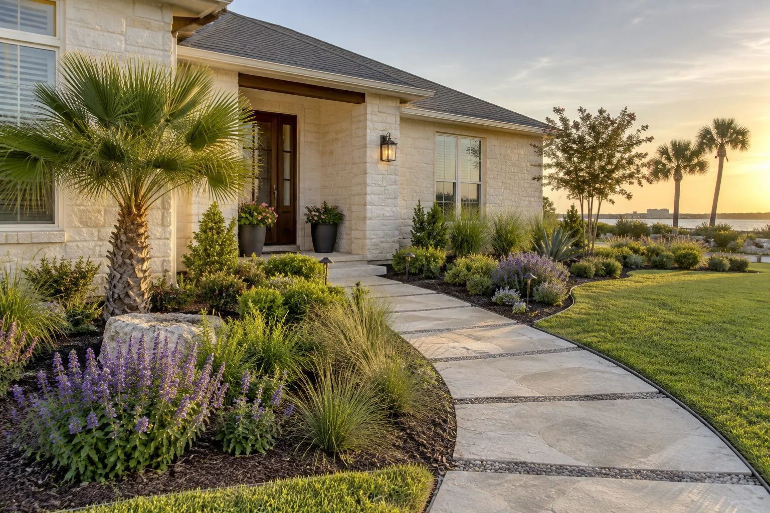 Jardín frontal de la costa de Texas con jardineras de bordes curvos y un camino de piedra