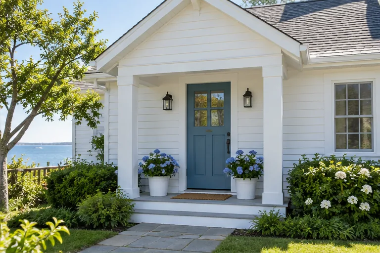Casa costera blanca con puerta principal azul