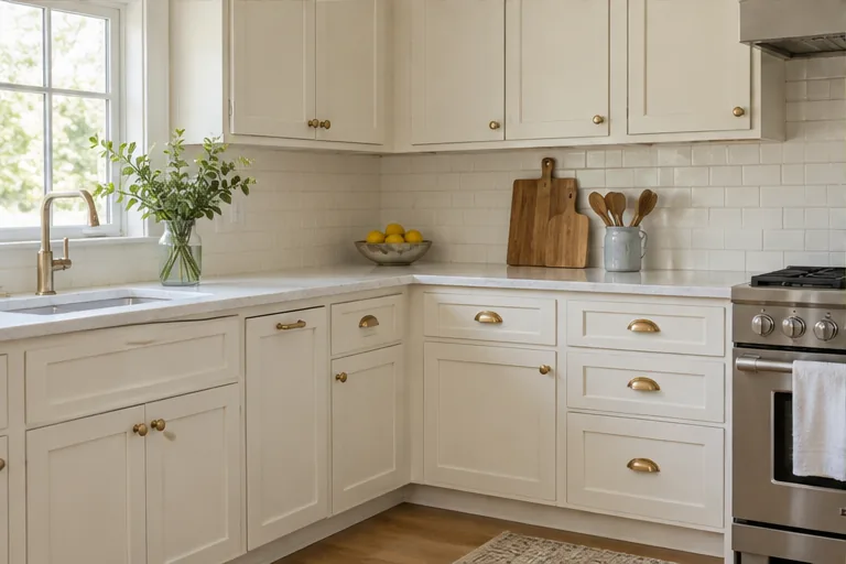 Cocina con gabinetes color crema y jaladeras de latón