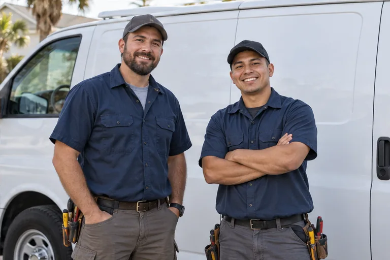 Imagen ilustrativa de un equipo de electricistas junto a su camioneta