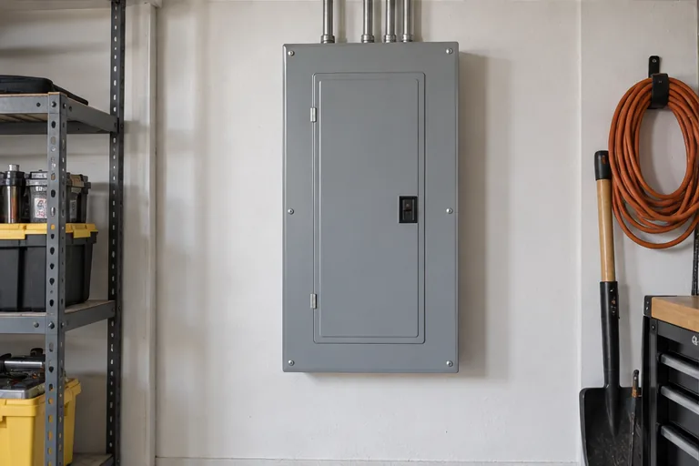 Tablero eléctrico y tubería organizada en una cochera