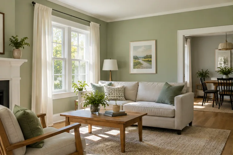 Sala con paredes verde salvia y molduras blancas