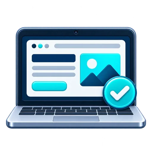 Vista frontal de un sitio web con un símbolo de aprobación